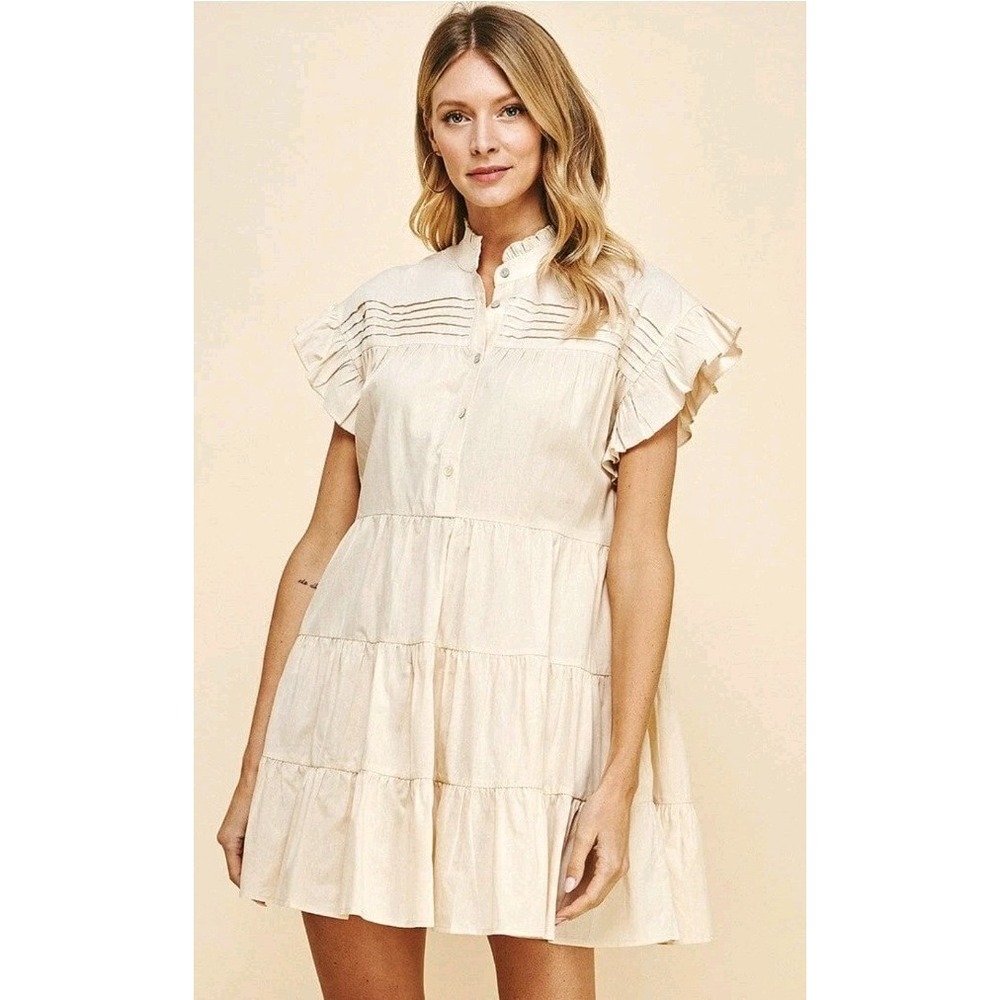 PINCH Beige Button Pintuck Tiered Midi Dress Women S Ruffle Sleeve Boho Cottage